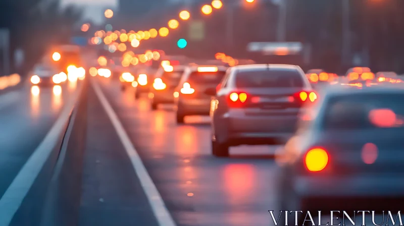 Cars on Highway at Dusk with Blurred Lights AI Image