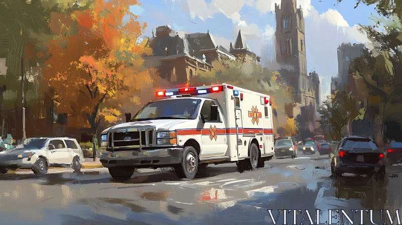 Emergency Vehicle in Urban Autumn AI Image