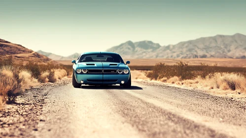 Blue Car in Desert Landscape