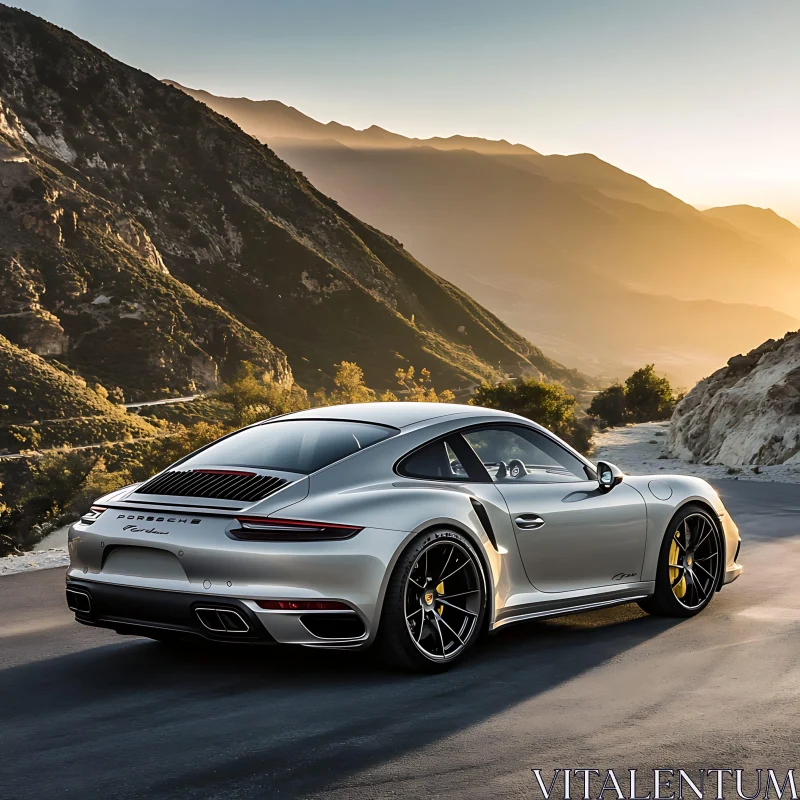 Luxury Sports Car at Sunset in the Mountains AI Image