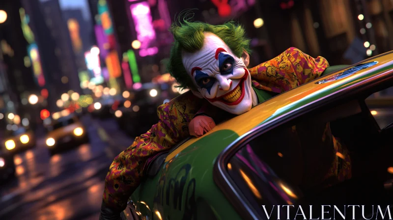 Colorful Clown in Urban Nightscape AI Image