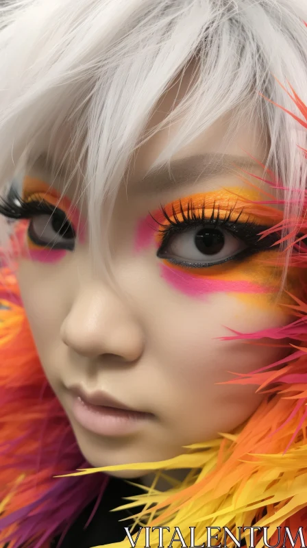 Captivating Asian Girl with Colorful Makeup and Feathers AI Image