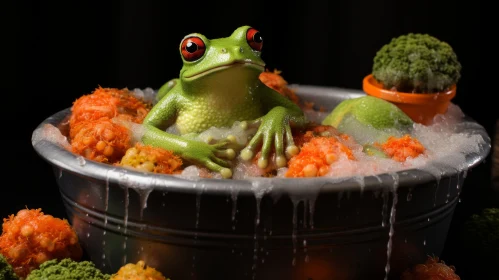 Intricate Frog Amidst Vibrant Vegetables | Foampunk Artistry