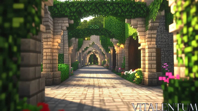 Serene Archway Path with Blooming Flora AI Image