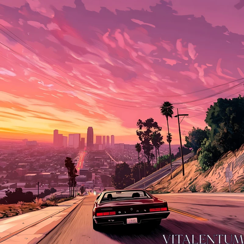 Car Driving into Sunset with City View AI Image