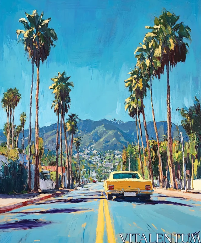 Scenic Californian Street with Palm Trees and Mountains AI Image