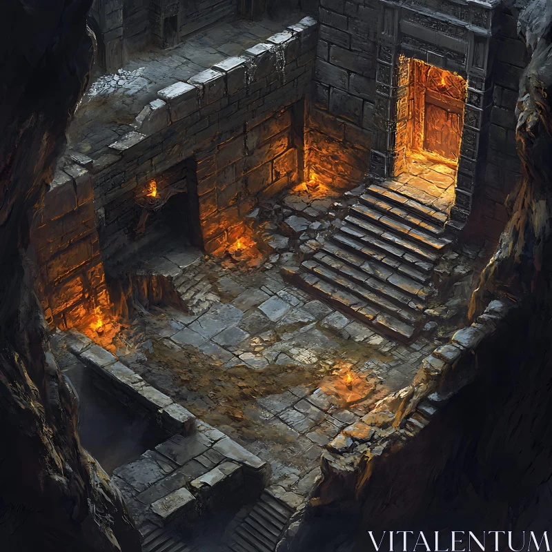 Mystical Ancient Ruins with Torchlit Pathways AI Image