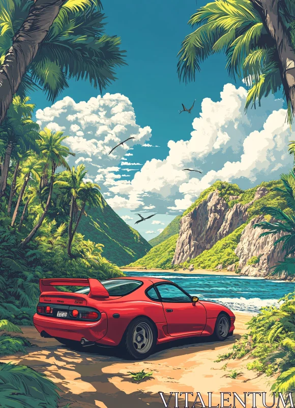 Scenic Beach with Red Sports Car and Green Mountains AI Image