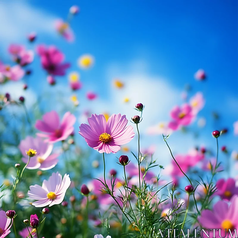 Field of Pink Cosmos Flowers Under Blue Sky AI Image