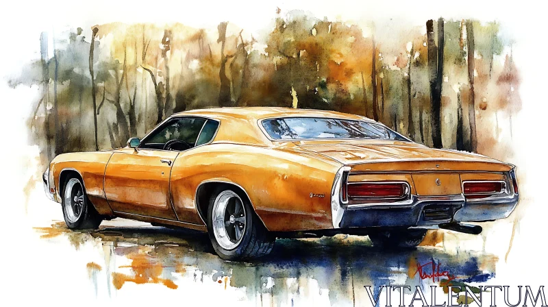 Vintage Car in Autumnal Watercolor Art AI Image