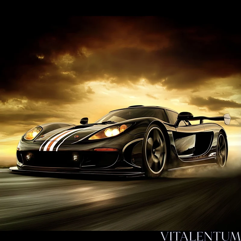 Powerful Black Supercar at Sunset AI Image