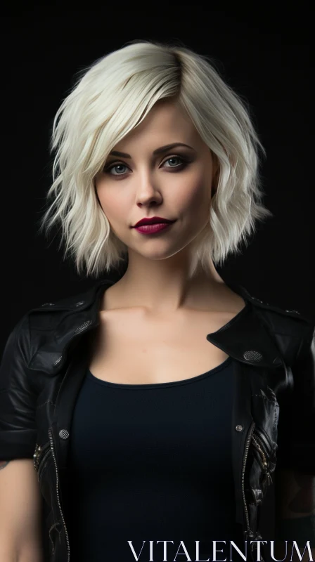 Blonde Girl with Short Hairstyle and Black Leather Jacket - Studio Photography AI Image