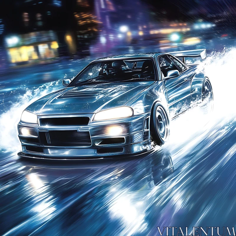 High-Speed Car in Rainy Night City AI Image