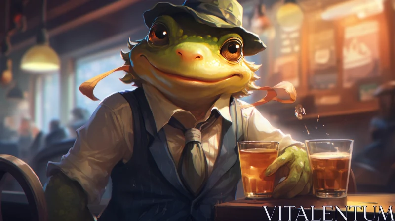 Frog in Suit at Tavern - Charming Character Illustration AI Image