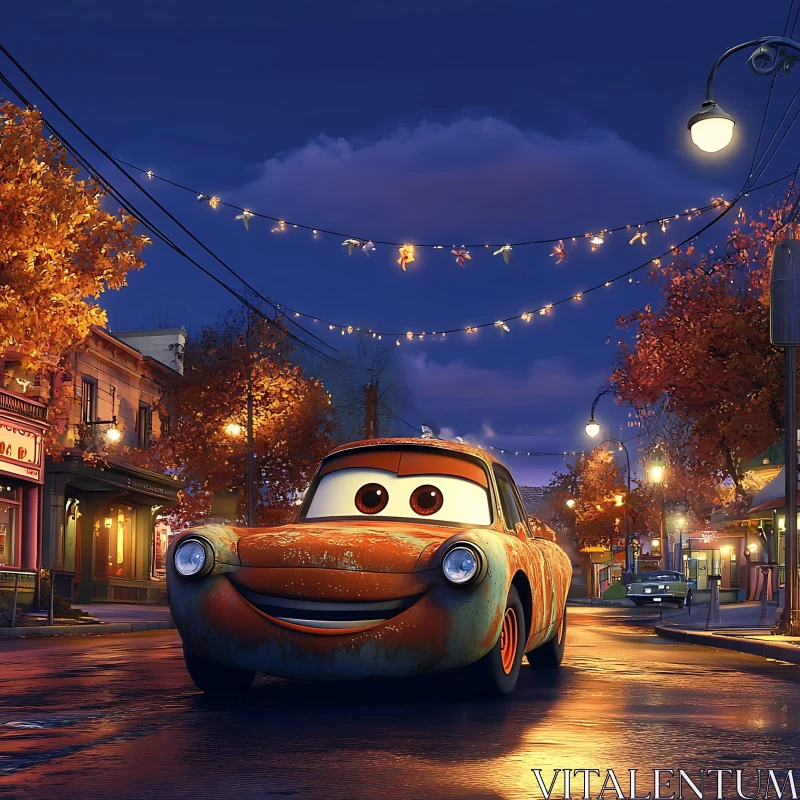 AI ART Animated Car on Autumn Night with Festive Lights