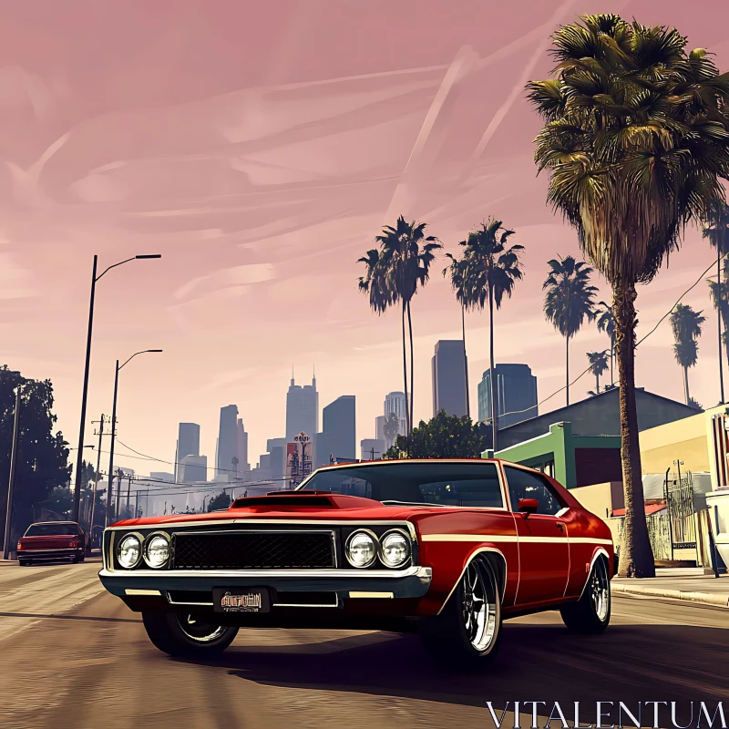 Vintage Muscle Car at Sunset in the City AI Image