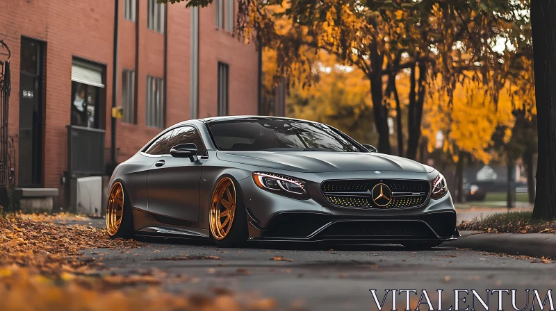 Modern Luxury Car with Gold Rims in Autumn Setting AI Image