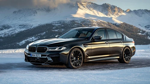 Elegant Black Car on Winter Mountain Road