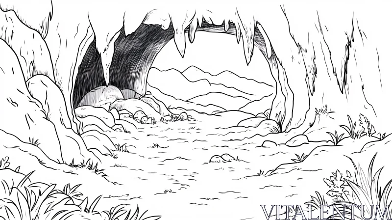 AI ART Intricate Black and White Cave Landscape Illustration