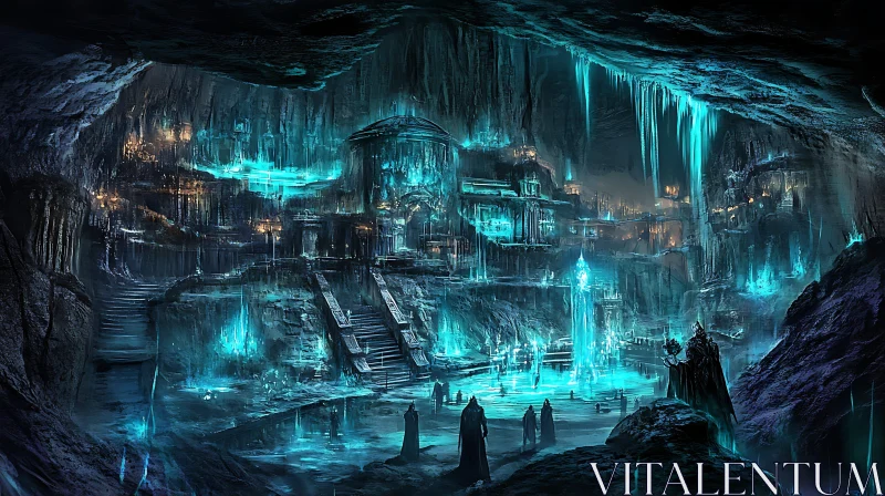 Ancient Underground Cavern Illuminated by Blue Lights AI Image