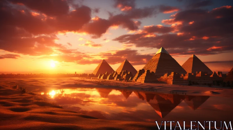 Ancient Pyramids at Sunrise: A Mirrored Realm AI Image