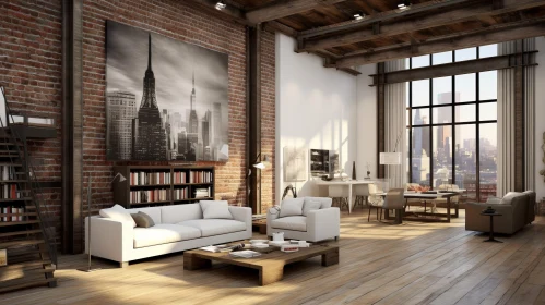 Captivating Open Living Room with Brick Walls - New York Cityscape