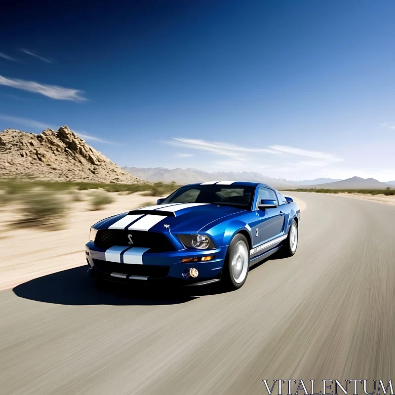 Speeding Blue Mustang on Desert Highway AI Image