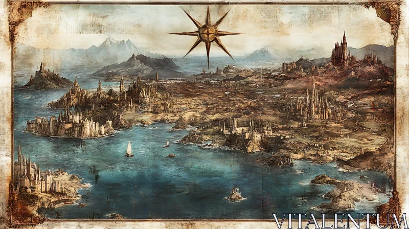 Ancient Coastal Cityscape with Mountains and Water AI Image