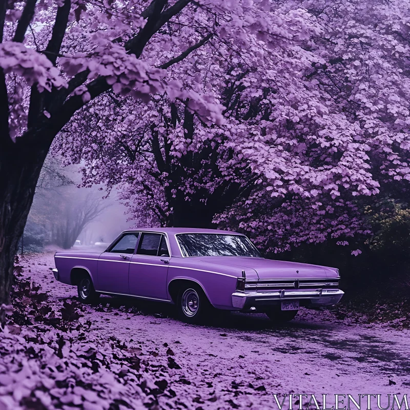 AI ART Classic Purple Car Amidst a Purple Leafed Forest