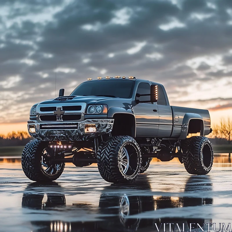 Rugged Off-Road Truck Reflecting at Dusk AI Image