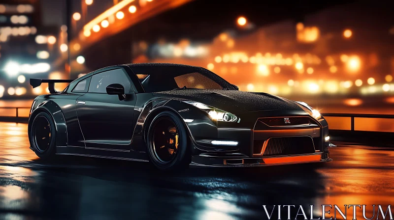 Modern Sports Car in Urban Night Scene AI Image