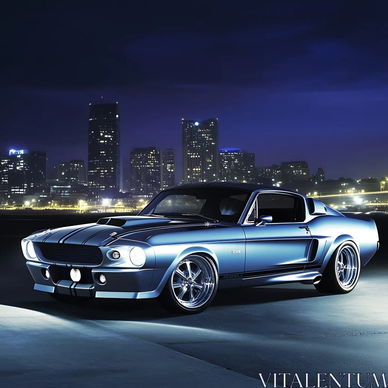 Vintage Muscle Car in Urban Nightscape AI Image