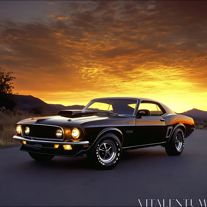 Vintage Black Car with Glowing Sunset AI Image