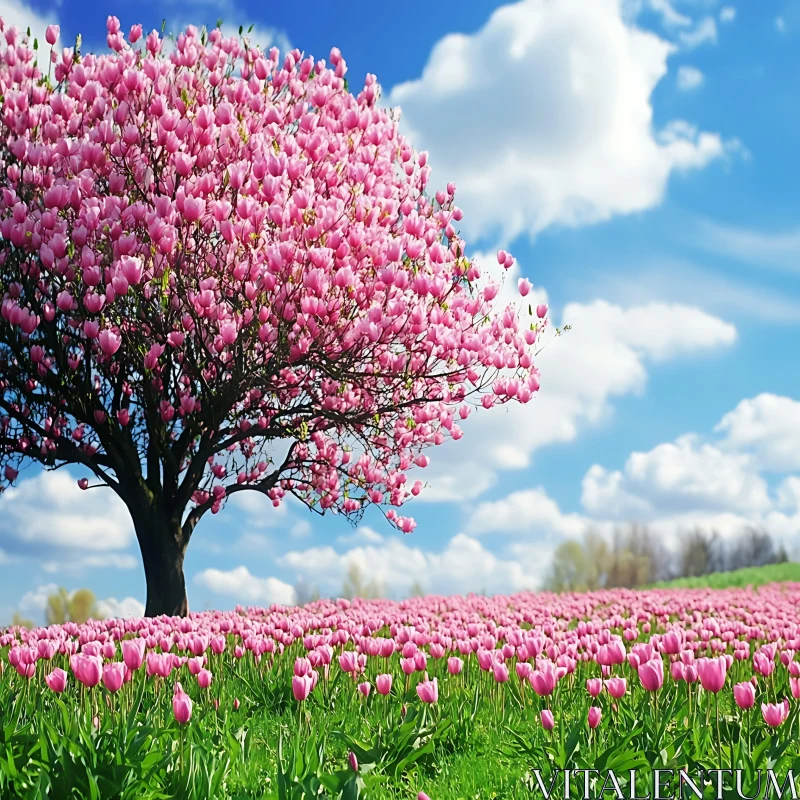 AI ART Springtime Pink Blossom Tree with Tulip Meadow