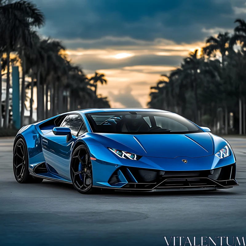 Luxury Blue Sports Car at Sunset AI Image