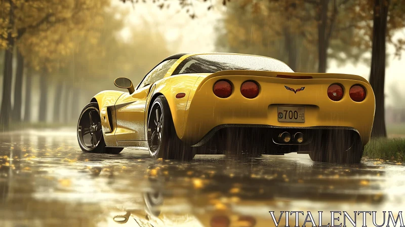 Sleek Yellow Sports Car Amidst Autumn Rain AI Image