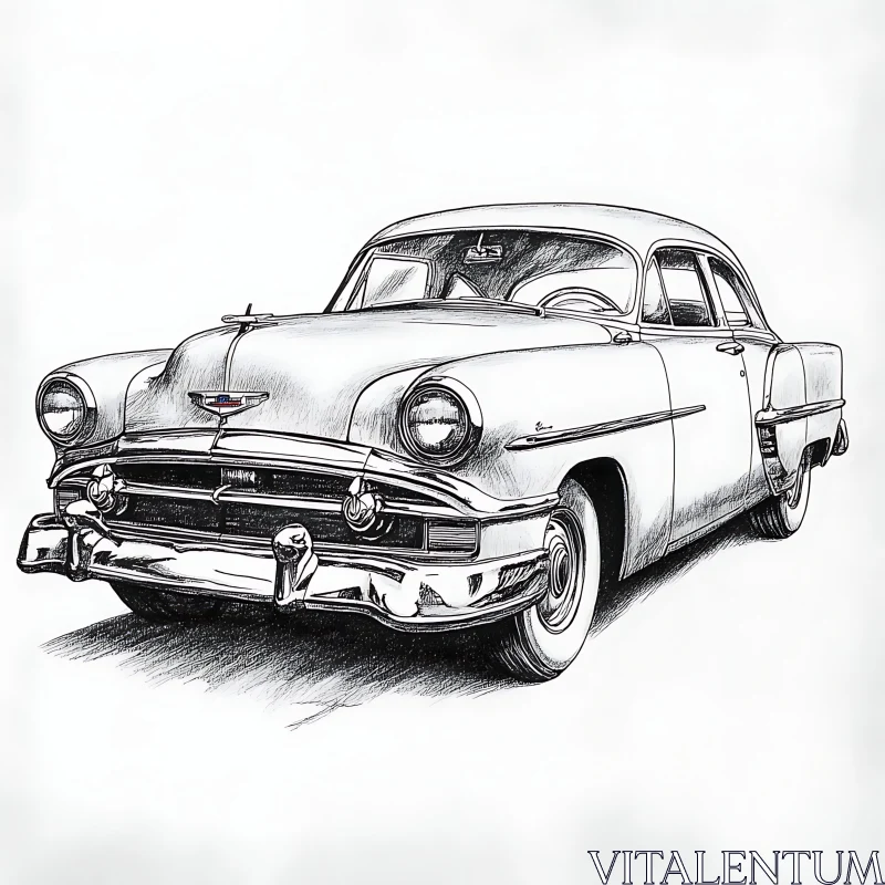 Classic Car Black-and-White Drawing AI Image