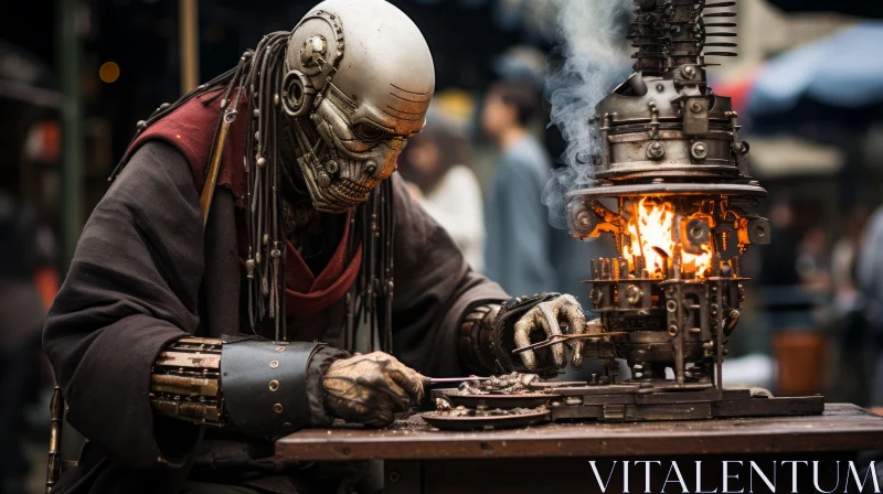 Steampunk Man Engrossed in Steam-Powered Tool Amidst Chinese New Year Atmosphere AI Image