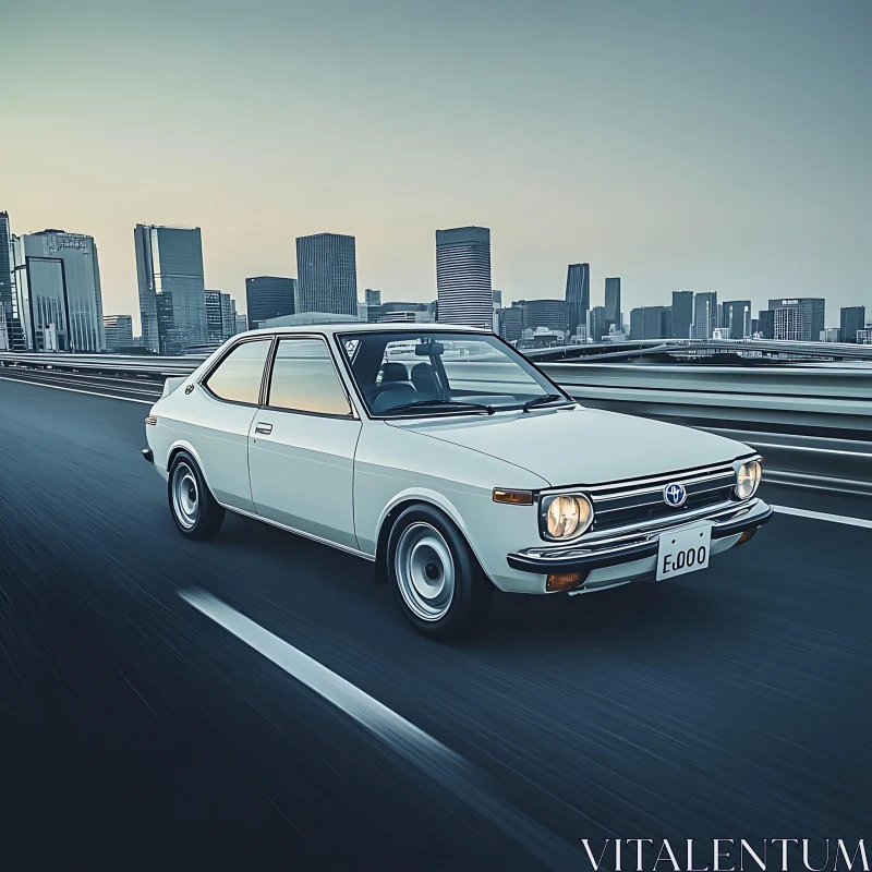 Vintage Car on City Highway at Dusk AI Image