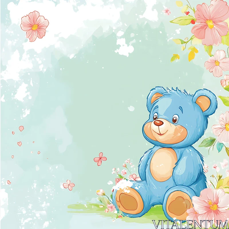 AI ART Adorable Blue Teddy Bear Amidst Flowers