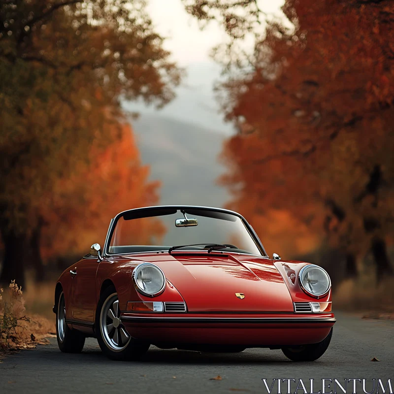 Vintage Red Convertible in Autumn Setting AI Image