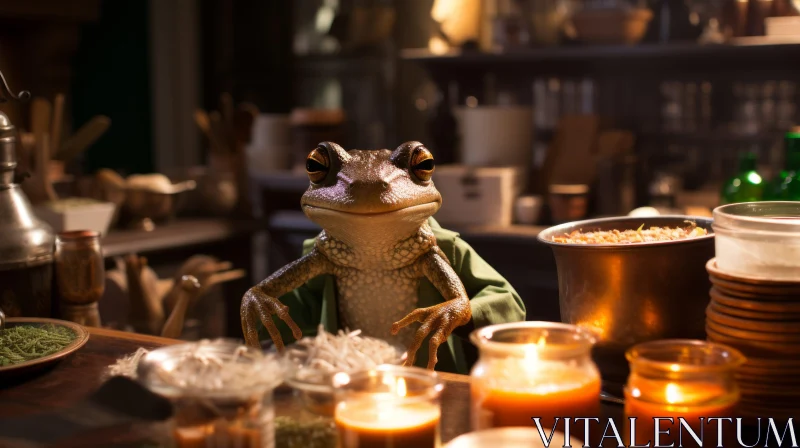 Photorealistic Still Life of Animatronic Frog with Witchy Academia Aesthetics AI Image