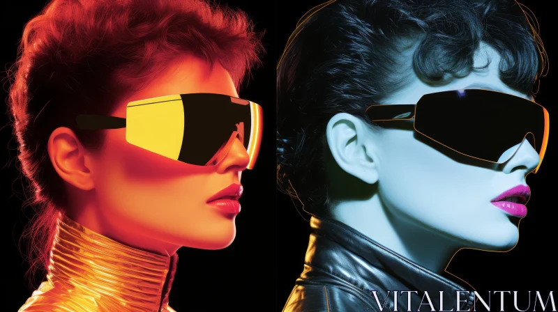Pop Art Styled Women in Neon Sunglasses with Metallic Finishes AI Image