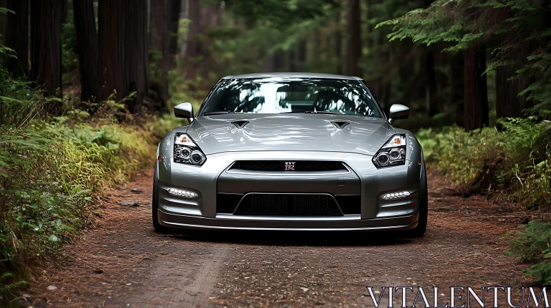 Luxury Silver Car Amidst Forest Terrain AI Image