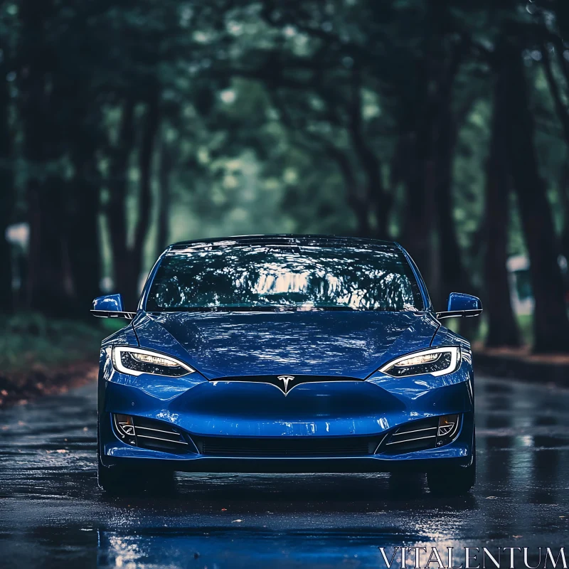 Luxury Blue Car in Serene Forest AI Image