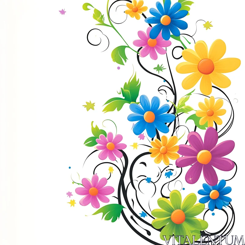 AI ART Colorful Daisies and Vines Cartoon Art