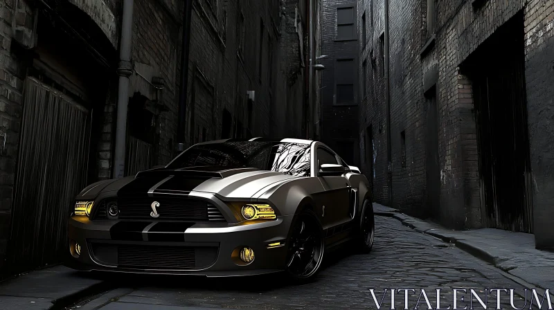 Matte Black Muscle Car in Dimly Lit Alley AI Image