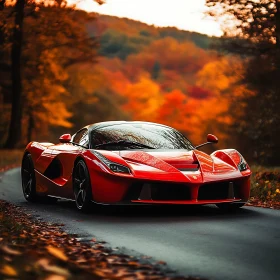 Red Luxury Car in Autumn Landscape