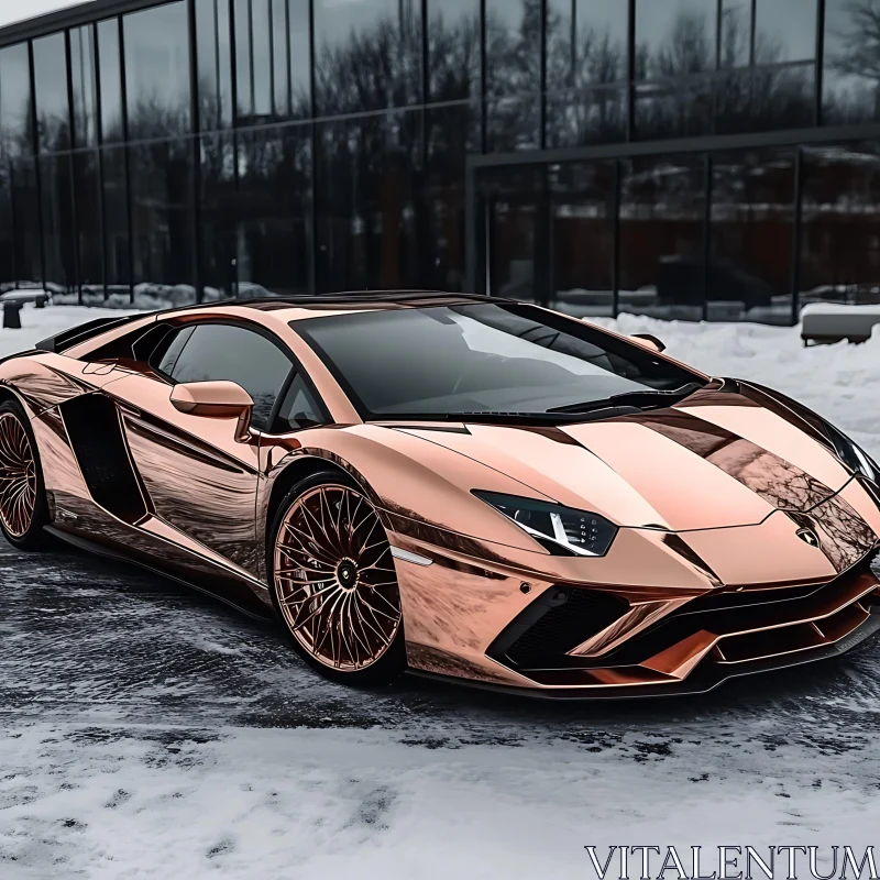 Rose Gold Sports Car in Winter Setting AI Image