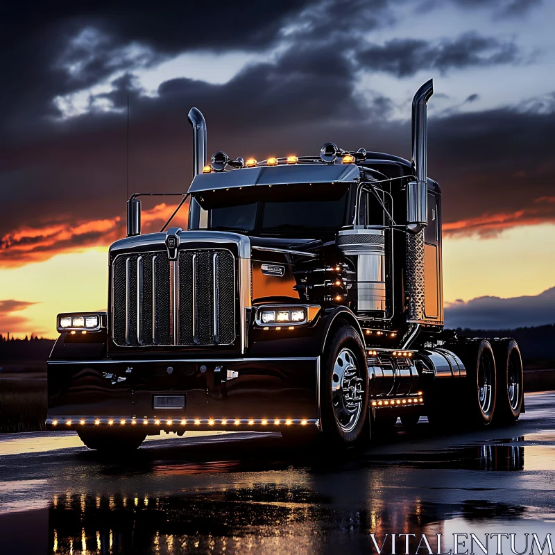 Black Semi-Truck on Wet Road During Sunset AI Image